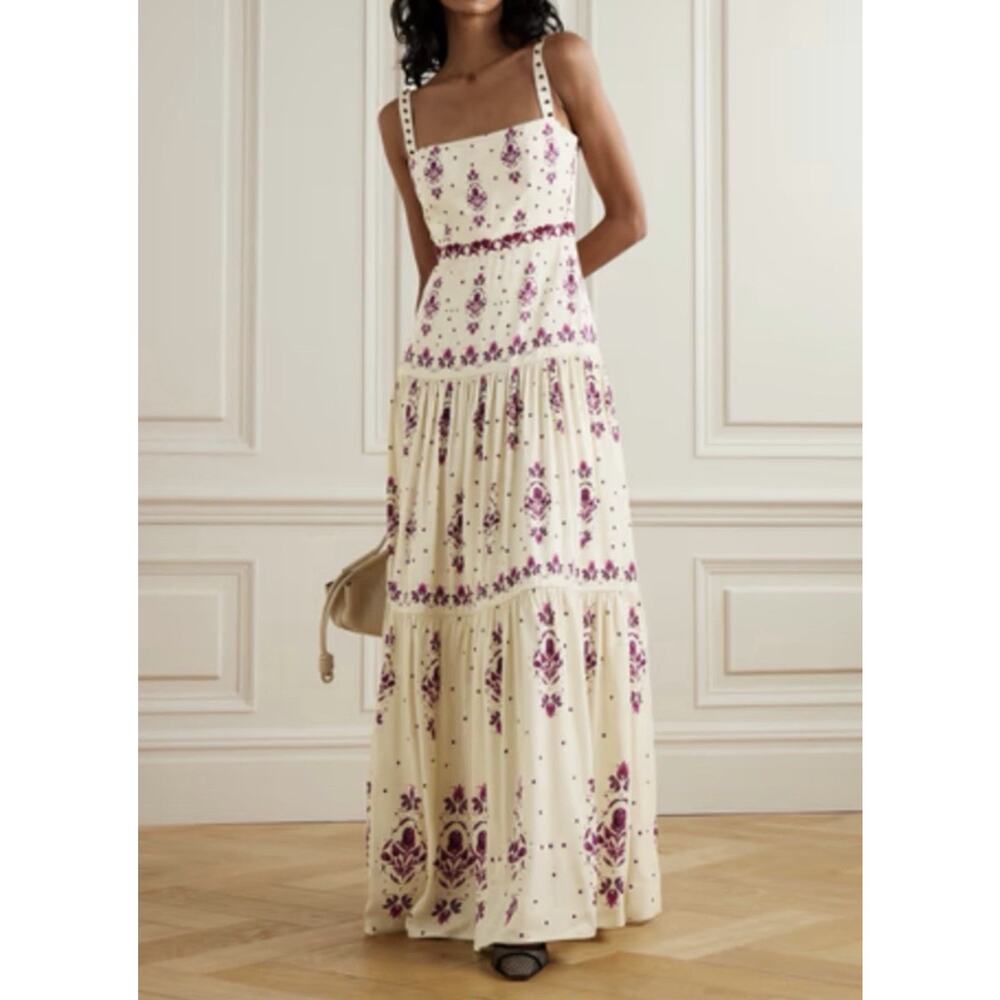 Agua By Agua Bendita Lima Relato Maxi Dress Tiered Cream Floral Rare Small